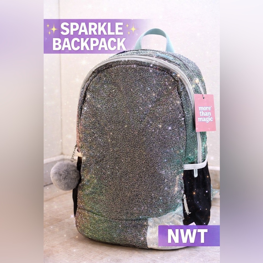 More Than Magic 16.5” Girls Backpack Glitter Sparkle Pom Pom School Bag NWT - Picture 3 of 10
